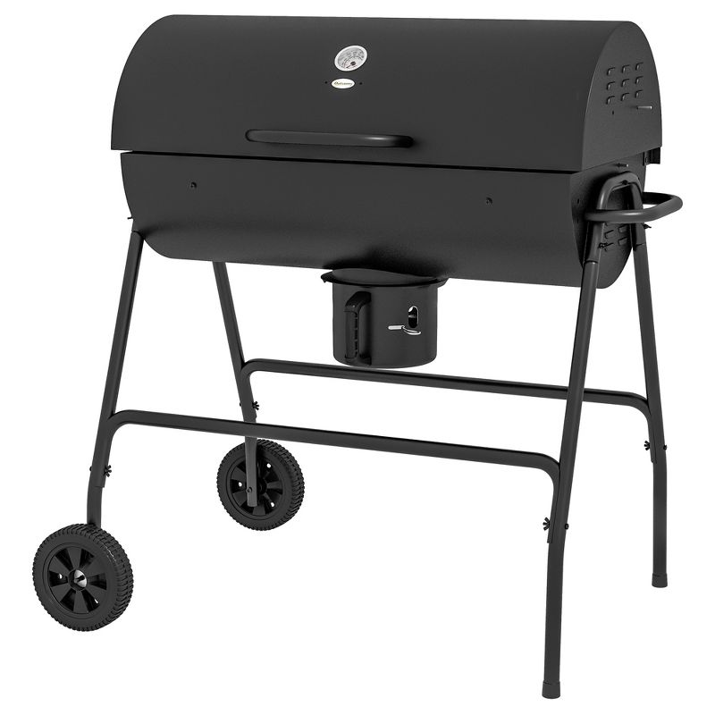 Outsunny Barrel Charcoal BBQ Grill with 420 sq.in. Cooking Area, Wheeled Outdoor Barbecue, Black, 1 of 7