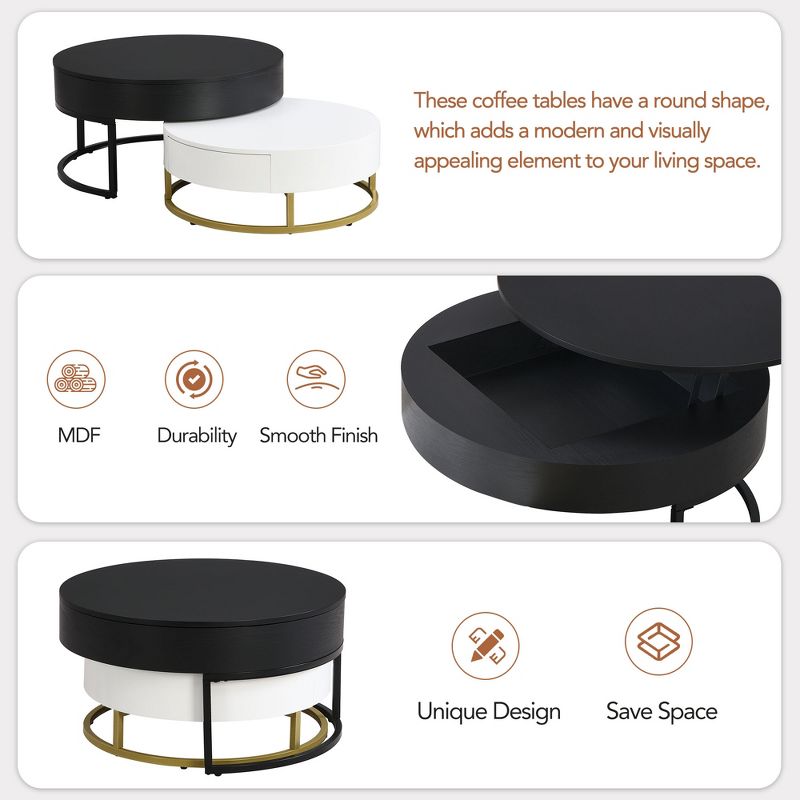 Modern Round Nesting Coffee Table, Lift-top Cocktail Table with 2 Drawers-ModernLuxe, 5 of 15