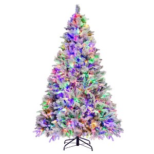 Costway 4.5 FT/6FT/7ft Pre-Lit Snow Flocked Christmas Tree Hinged Xmas Tree with8 Modes 160/240/320 Lights - 1 of 4