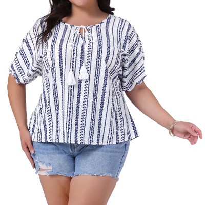 Agnes Orinda Women's Plus Size Short Sleeve Tassel Tie Drawstring Boho Floral Tops