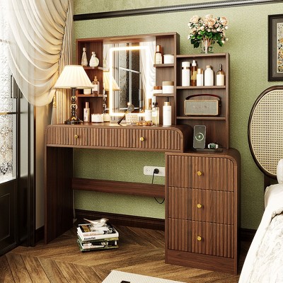 JVNOXK Espresso Fluted Vanity Table with LED Lighted Mirror, 5