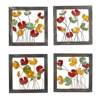Metal Floral Wall Decor with Black Frame Set of 4 - Olivia & May