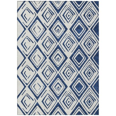 Navy Blue And Ivory Geometric Washable Indoor Outdoor Area Rug
