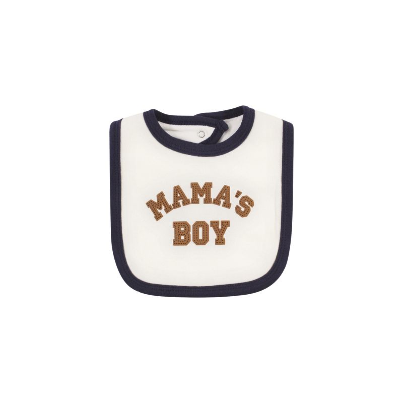 Hudson Baby Infant Boy Cotton Bodysuit, Pant and Bib Set, Brown Navy Mamas Boy, 3 of 6
