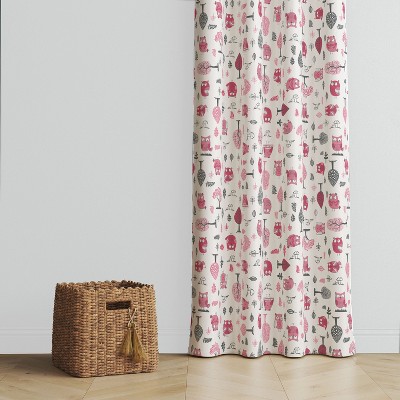 Gray and Pink Owl Print Cotton Rod Pocket Curtain Panel