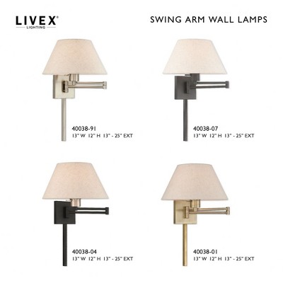 Antique Brass Swing Arm Wall Lamp with Oatmeal Fabric Shade