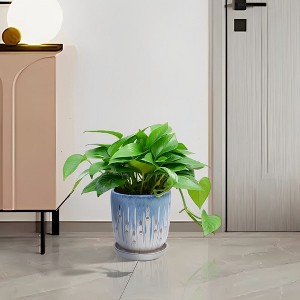 Chic Crate Modern Striped Ceramic Planter Set of 2 (8") – With Drainage & Saucer, Indoor & Outdoor Use - 1 of 4