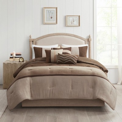 7 Pcs Stylish Faux Suede Stripe Design Comfoter Set,All Season Home Textile Cozy Bedding Set fits Modern Bedroom Decor,Matching Bed Skirt,Decorative