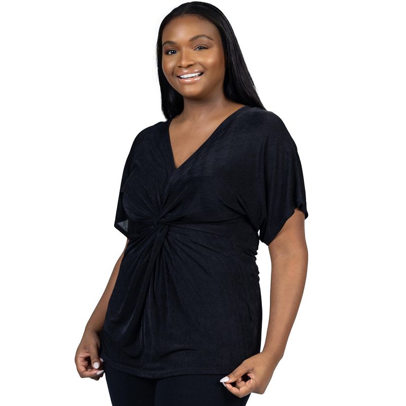 24seven Comfort Apparel Womens Plus Size V Neck Knot Front Sleeve Top, 5 of 7
