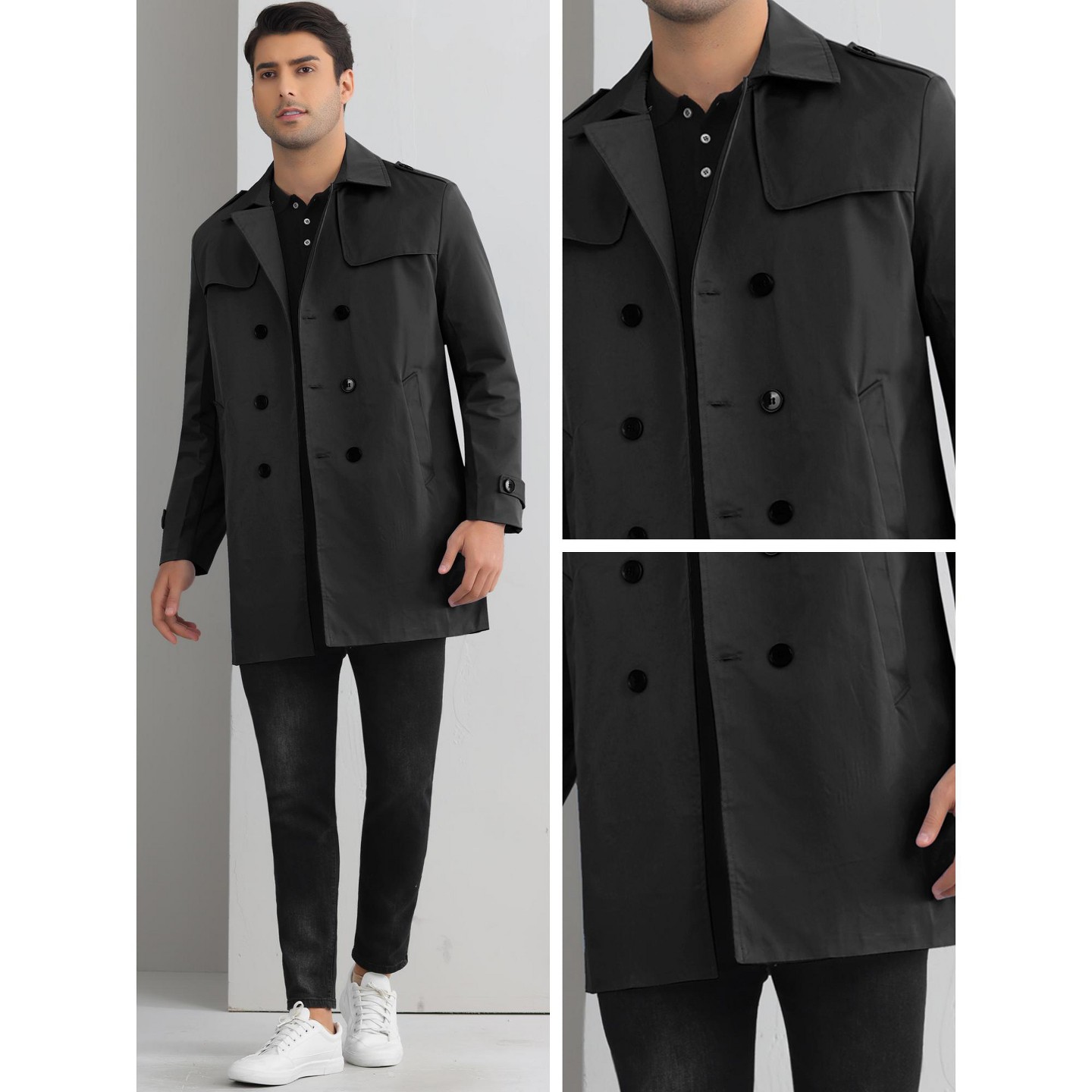 Мужская куртка INSPIRE CHIC Notch Lapel Double Breasted Windbreaker Trench Coat Black, цвет: Чёрный — фото 3