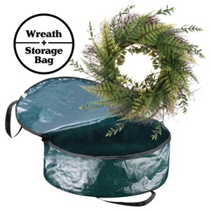 Front Door Wreath and Storage Bag – 21-Inch Artificial Fern Wreath and Zippered Tote with Handles – Farmhouse Greenery Décor by Pure Garden - 1 of 4