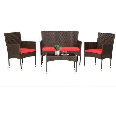 4-Piece Outdoor Patio Set, Rattan Loveseat, 2 Chairs & Glass Table w/ Cushions, For Garden, Poolside, Balcony