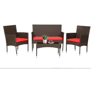 4-Piece Outdoor Patio Set, Rattan Loveseat, 2 Chairs & Glass Table w/ Cushions, For Garden, Poolside, Balcony - 1 of 1