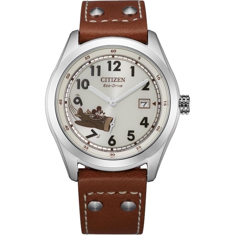 Citizen Disney Eco-Drive watch featuring Mickey Mouse 2-hand Silver Tone Brown Leather Strap, 1 of 7