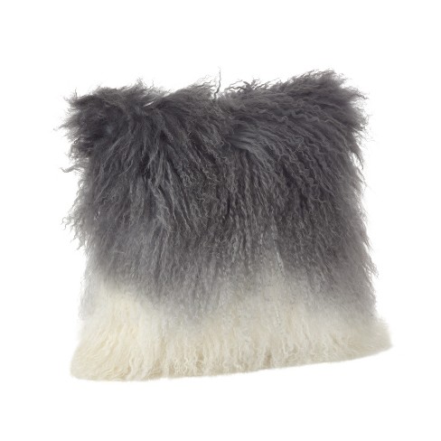 Grey Mongolian Sheepskin Fur Throw Pillow with Down-Alternative Insert 16''  + Reviews