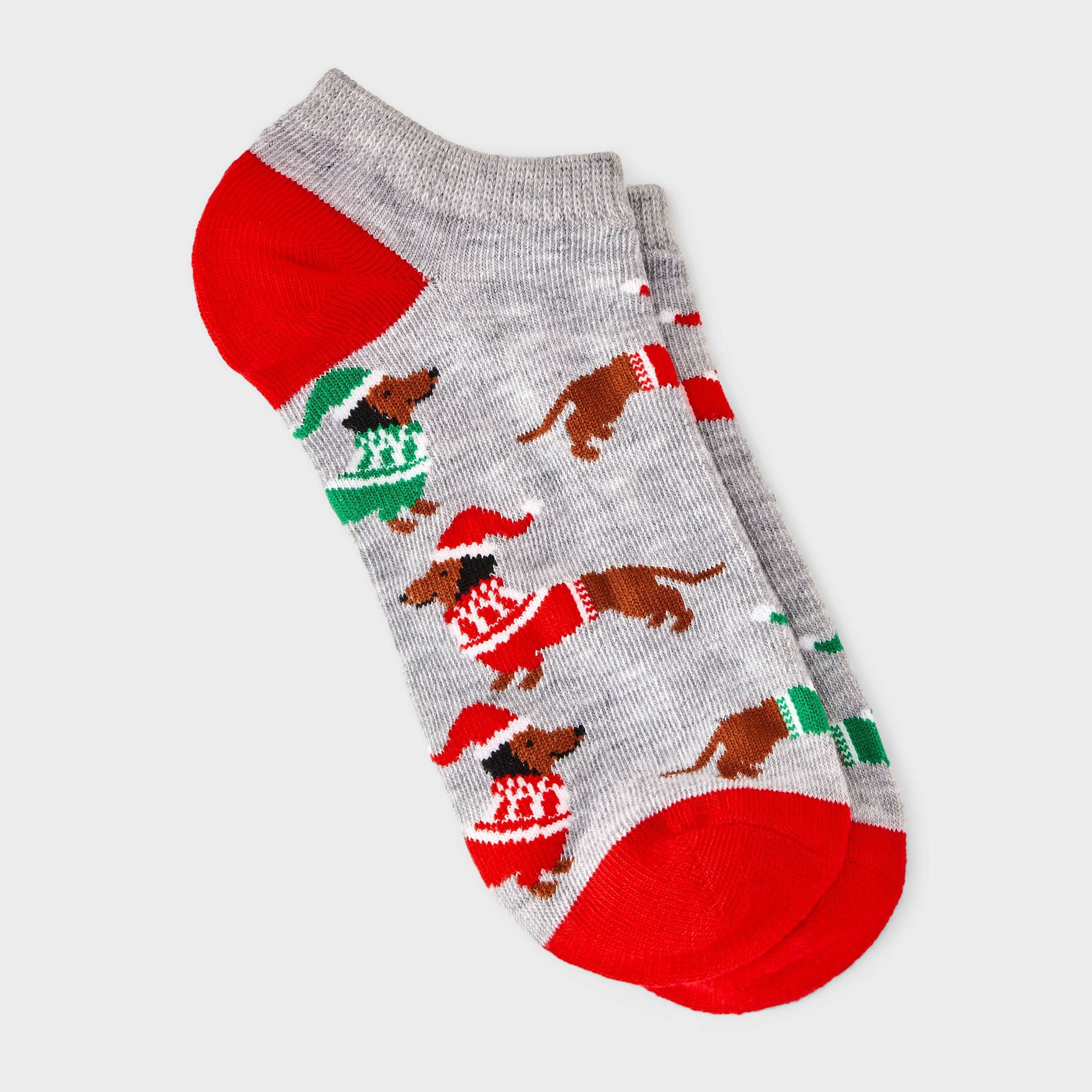 Women's Festive Dachshunds Christmas Low Cut Socks - Heather Gray/Red 4-10