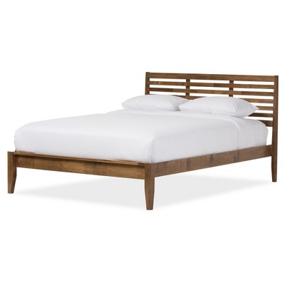 Queen Daylan Mid Century Modern Solid Wood Slatted Platform Bed Walnut Brown - Baxton Studio