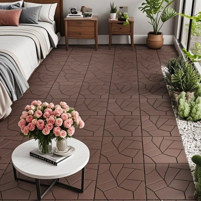 Chic Crate-Stone Style Interlocking Deck Tiles – 44-Pack Quick-Install 12x12 Patio Flooring  Indoor/Outdoor Red Brown