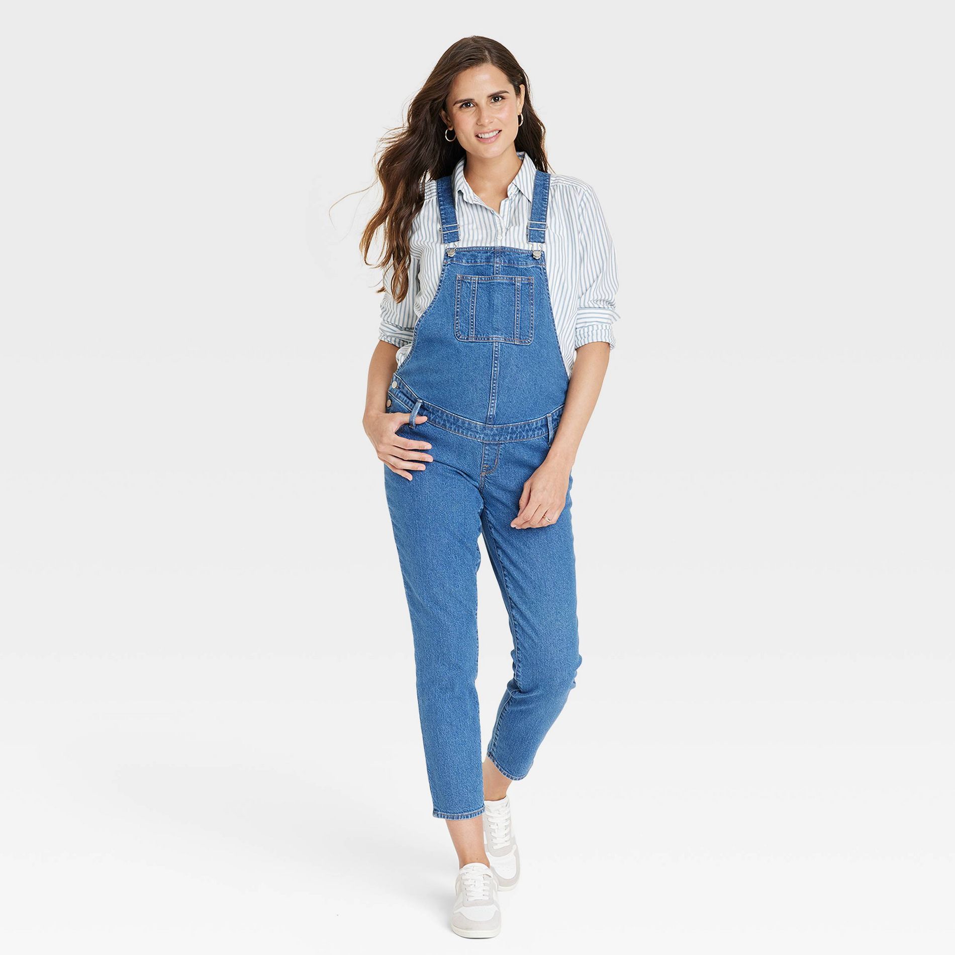 Denim Overalls Maternity Jumpsuit - Isabel Maternity by Ingrid & Isabel™ Medium Wash 8: Cotton Spandex Blend, Adjustable Straps, Skinny Leg
