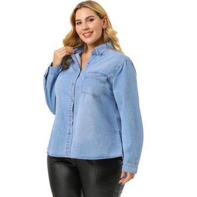 Agnes Orinda Women's Plus Size Work Stripe Button Down Long Sleeve Chambray  Shirt Light Blue 1X