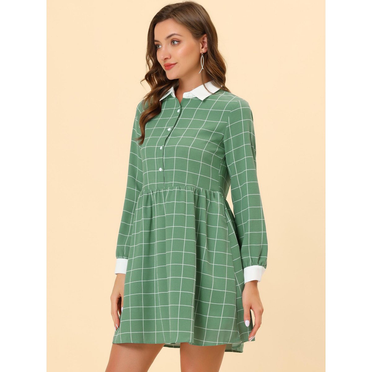 Женские платья INSPIRE CHIC Women's Plaid Long Sleeve Button Contrast Point Collar Shirt Dress Small Green — фото 2