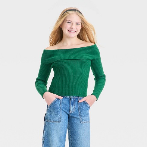 Girls Off the Shoulder Ribbed Sweater art class Green S