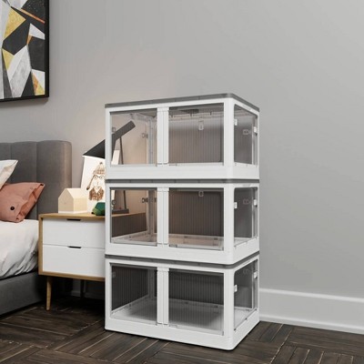 COMHOMA 3/4 Tier Stackable Storage Bins with Doors, Plastic Organizers, Foldable Design & Wheels for Kids' Toys, Crafts, Living Room