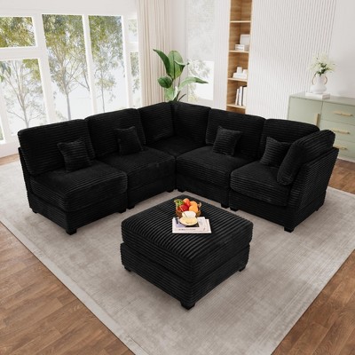 123'' Plush Corduroy U-Shaped Modular Sectional Sofa with Sofa Bed Chaise, Deep Seat 6-Seater Cloud Couch