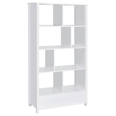 Contemporary White 8-Shelf Bookcase with Sleek Storage Drawer