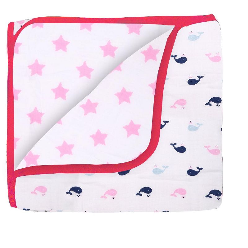 Bacati - Girls Nautical Muslin Whales Boat Pink Blue Navy 4 pc Crib Bedding Set with Sleeping Bag, 2 of 8