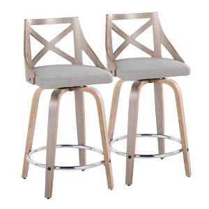 24" Farmhouse Fixed-Height Counter Stool with Swivel in Light Wood and Fabric with Round Chrome Footrest, Set of 2 - 1 of 4