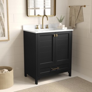 Merrick Lane Single Sink Bathroom Vanity with Undermount Basin, Soft-Close Cabinet, Easy-Glide Drawer, and Carrara Marble Finish Countertop - 1 of 4