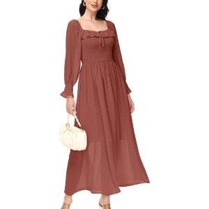 Anna-Kaci Women's Smocked Long Sleeve Swiss Dot Lined Maxi Tie Neck Square Detail Dress - 1 of 4