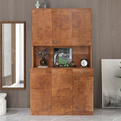 70.87" Freestanding Kitchen Pantry Cabinet With 6 Doors, Drawer, Open Shelves Versatile Buffet Cabinet, Craft Storage Cabinet