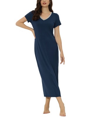 cheibear Women's Solid V-Neck Short Sleeves Long Pajama Dress with Side Slit