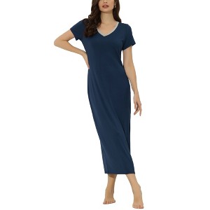 cheibear Women's Solid V-Neck Short Sleeves Long Pajama Dress with Side Slit - 1 of 4
