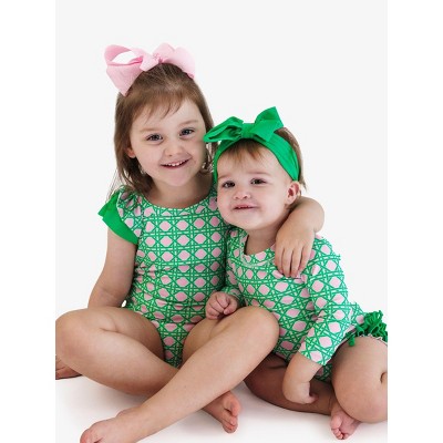 RuffleButts Girls UPF50+ Ruffle V-Back One Piece - Pink Coastal Cane, 7 — фото 7