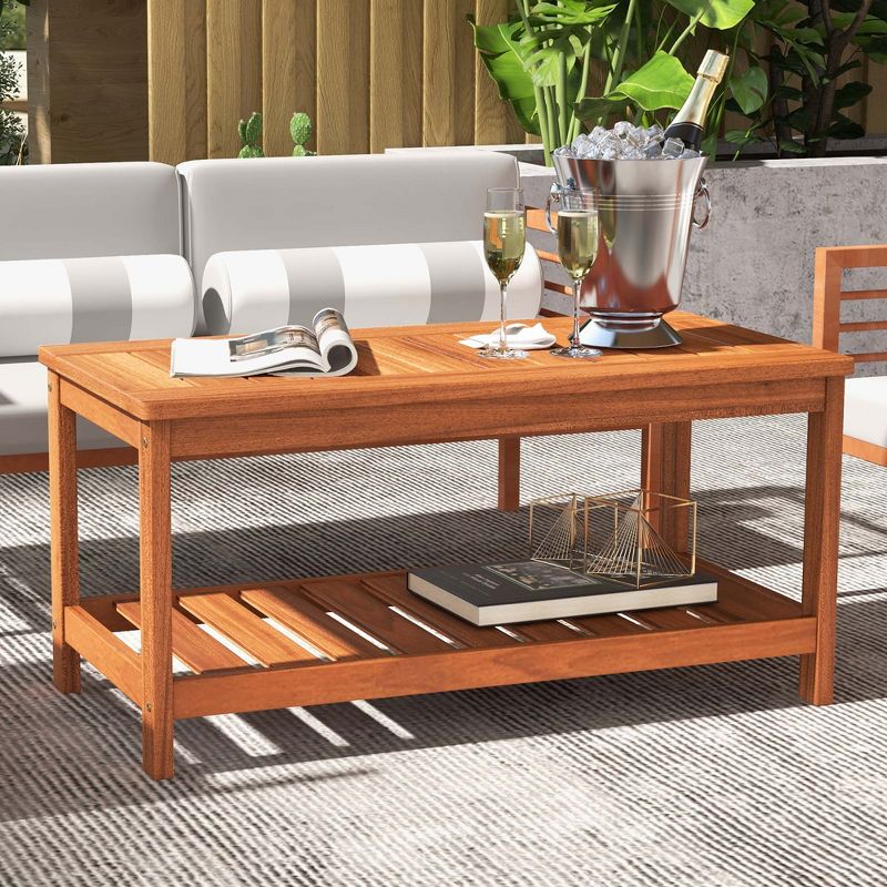 Costway Patio Coffee Table 2-Tier Outdoor Side Rectangle Side Table Solid Wood Porch, 3 of 10