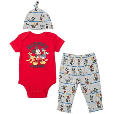 Image of Disney Donald Duck Pluto Mickey Mouse Newborn Baby Boys 3 Piece Outfit Set Cuddly Bodysuit Pants Hat 0-3 Months