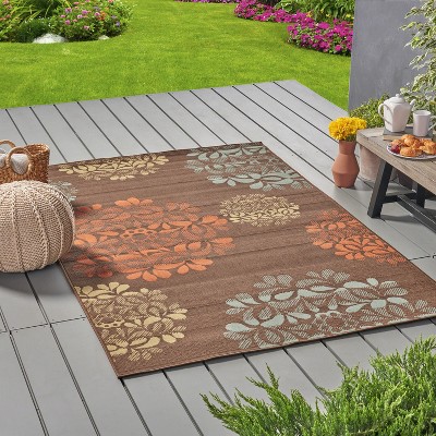 Brown and Blue Floral 5' x 8' Stain-Resistant Outdoor Rug