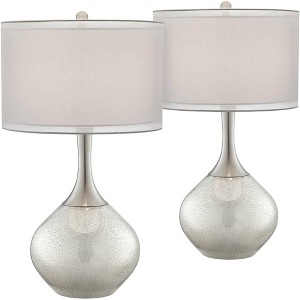 Possini Euro Design Modern Table Lamps 30.5" Tall Set of 2 Mercury Glass Chrome Twin Sheer Drum Shade for Living Room Family Bedroom Bedside - 1 of 4