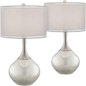 Possini Euro Design Modern Table Lamps 30.5" Tall Set of 2 Mercury Glass Chrome Twin Sheer Drum Shade for Living Room Family Bedroom Bedside