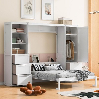 Streamdale Queen Size Murphy Bed Wall Bed with Closet, Drawers and Shelves,White