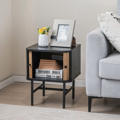 Set of 2 Black and Natural Wood Nightstands with Sliding Doors