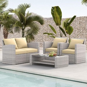 ELJGET 4 Piece Patio Furniture Set Outdoor Wicker Conversation Sets All Weather PE Rattan Sectional Sofa Set with Cushions & Coffee Table - 1 of 4