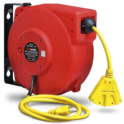 ReelWorks Mountable Retractable Extension Cord Reel - 14AWG x 40' Ft, 3 Grounded Outlets, Max 15A