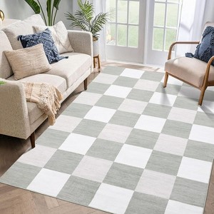 Acekool 5x7 Washable Area Rug, Modern Checkered Plaid, Non-Slip, Stain Resistant Ultra-Thin Low Pile Carpet for Living Room, Bedroom, Grey - 1 of 4
