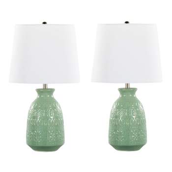 LumiSource (Set of 2) Claudia 20" Contemporary Accent Lamps Sage Green Ceramic Polished Nickel and White Linen Shade from Grandview Gallery