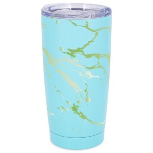 Elanze Designs 20 oz Stainless Steel On the Go Insulated Travel Tumbler With Push Top Lid, Vibrant Green Marble Print Sky Blue - 1 of 4