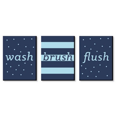 Big Dot of Happiness Boy - Blue and Navy - Kids Bathroom Rules Wall Art - 7.5 x 10 inches - Set of 3 Signs - Wash, Brush, Flush